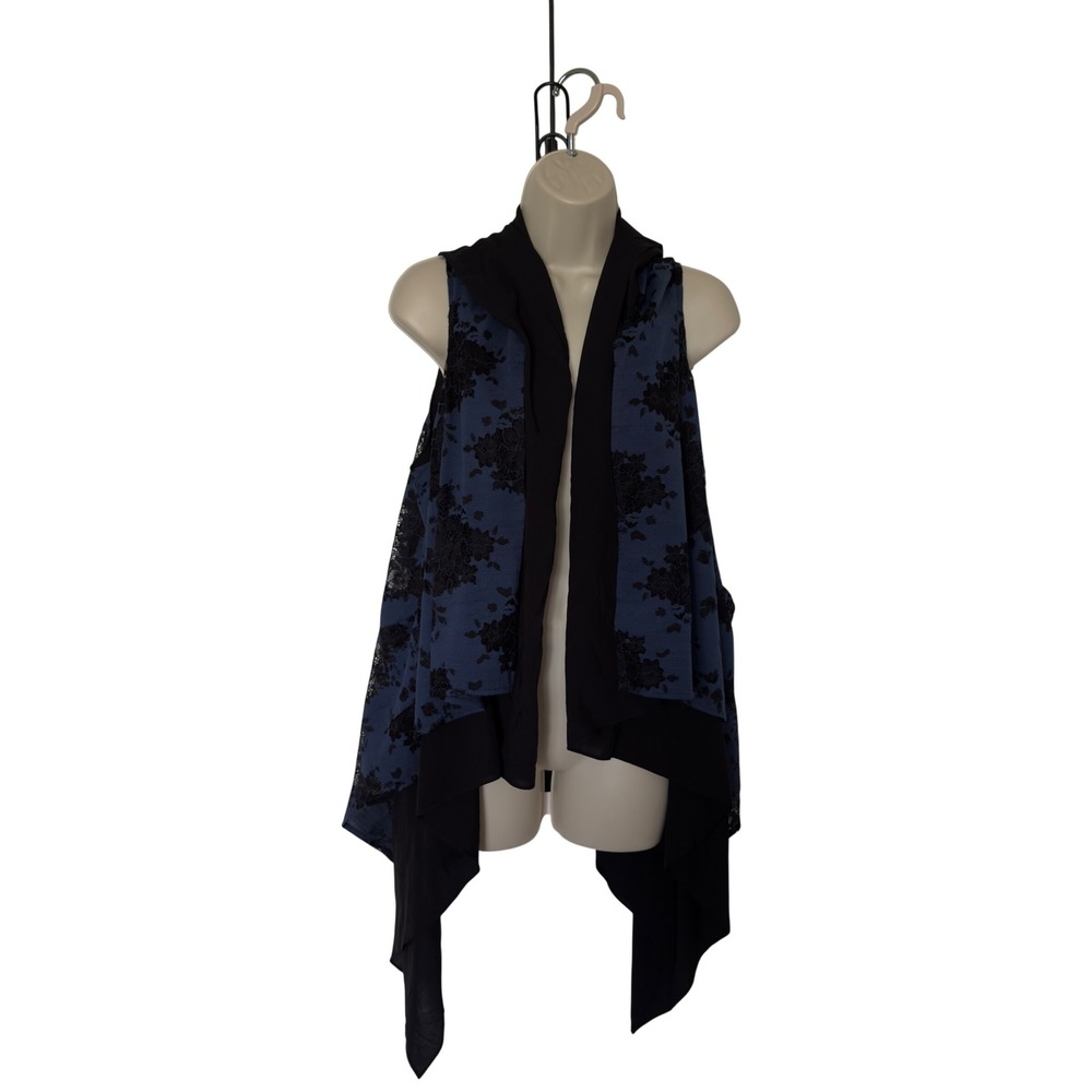 BUYKUD Womens Cotton Vest Size F Blue Black Lace Hooded Asymmetrical YMNL-E2023